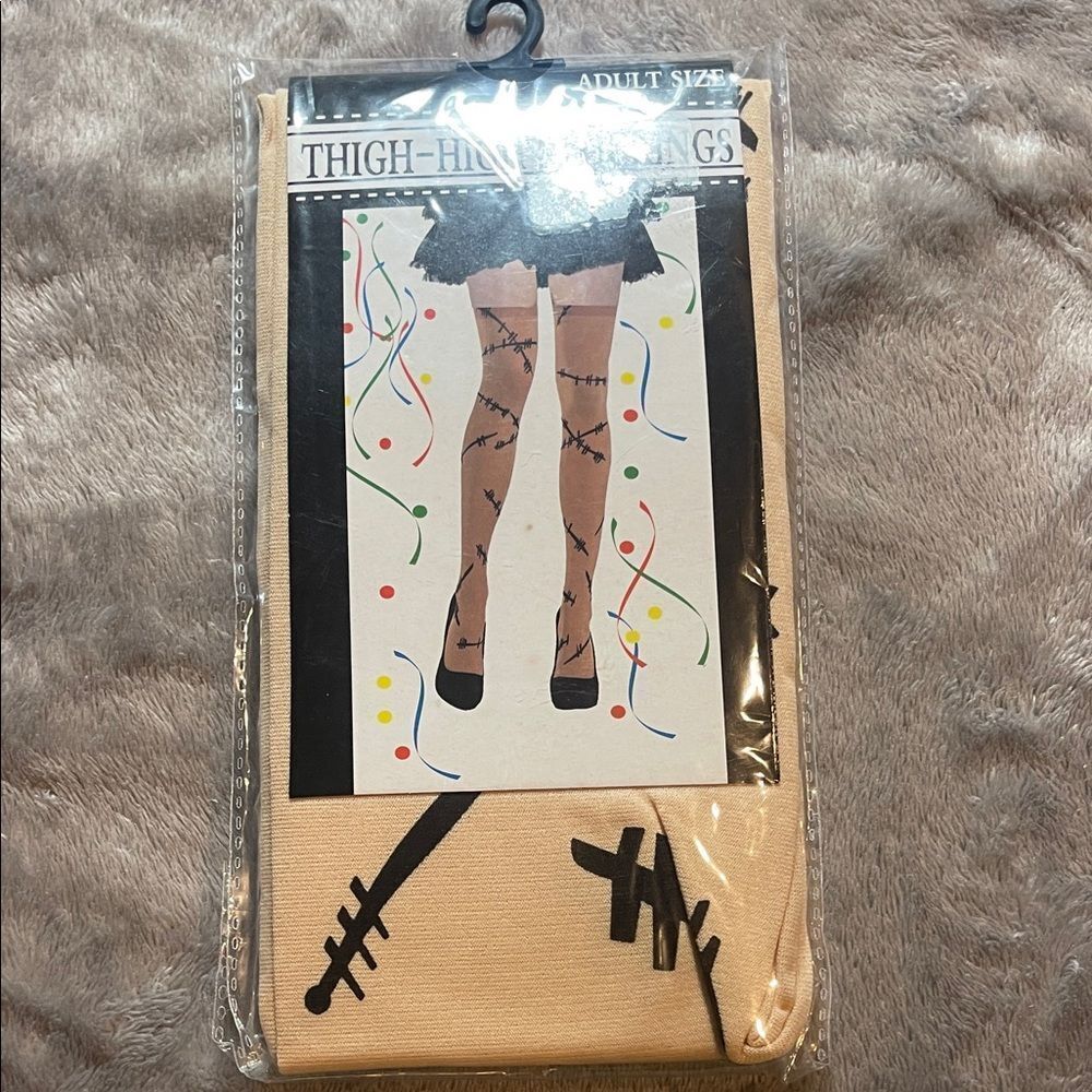 Beige Thigh-High Stockings with Black Stitch Design NEW